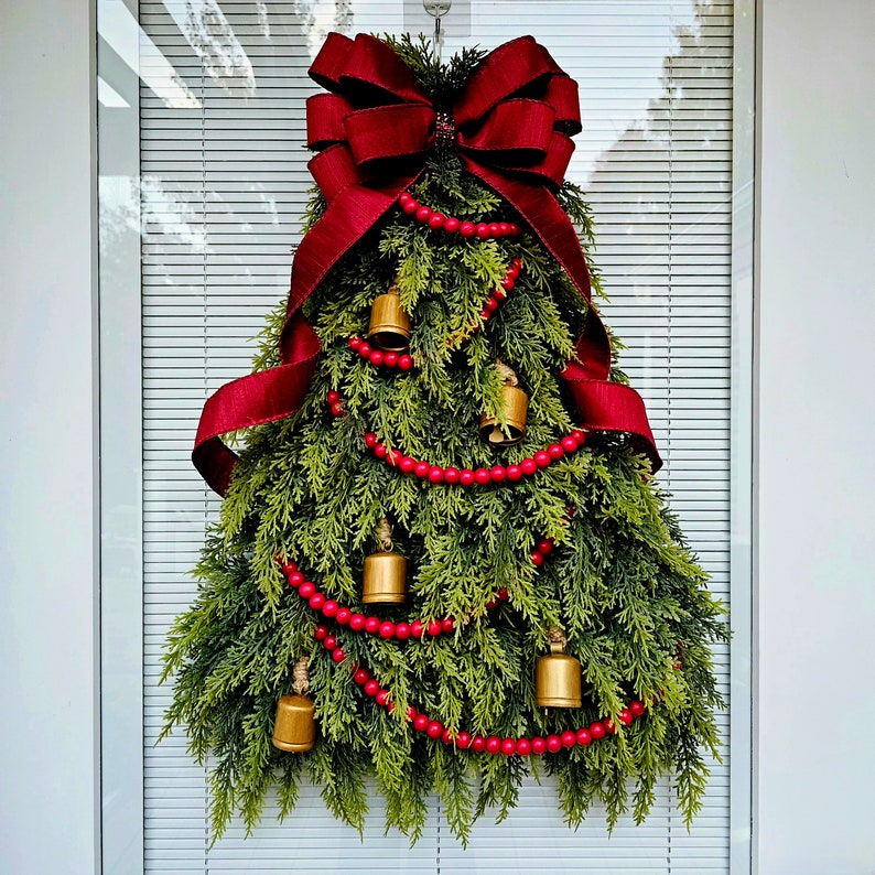 Outdoor Christmas Front Door Wreath, Extra Large Outside Holiday Porch Decor, XL Winter Xmas Tree Swag With Gold Bells, Red Garland & Bow image 1