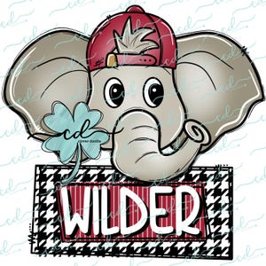 May include: A cartoon elephant wearing a red baseball cap and holding a blue four-leaf clover. The elephant has large eyes and a trunk. The word "WILDER" is displayed in white letters on a red and black patterned background.