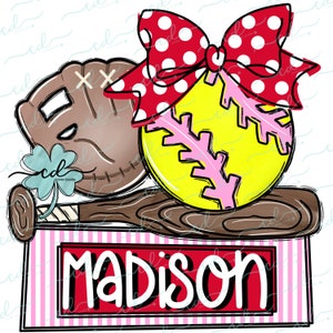 May include: A brown baseball glove with a white stitched X, a yellow softball with pink stitching, a brown wooden baseball bat, and a red bow with white polka dots. The items are arranged on a pink and white striped background with the name "MADISON" in red letters.