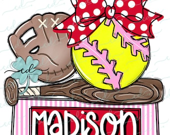 May include: A brown baseball glove with a white stitched X, a yellow softball with pink stitching, a brown wooden baseball bat, and a red bow with white polka dots. The items are arranged on a pink and white striped background with the name "MADISON" in red letters.