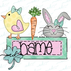May include: A light green, pink, and white checkered background with a yellow chick, a gray bunny, and a carrot. The chick and bunny have bows on their heads. The carrot is green at the top and orange at the bottom. There is a green shamrock in the bottom left corner. A pink and green banner with the word "name" in black text is in the center of the image.