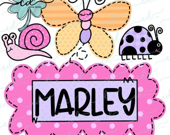 May include: A pink and white polka dot banner with the name "MARLEY" in black letters. The banner is decorated with a butterfly, a ladybug, and a snail.