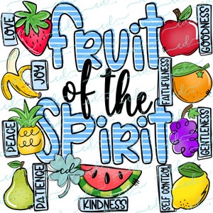 May include: A colorful illustration of the "Fruit of the Spirit" with blue and white striped background. The words "Love, Joy, Peace, Patience, Kindness, Goodness, Faithfulness, Gentleness, Self-Control" are written around the image.