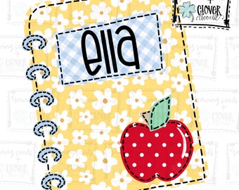 May include: A yellow notebook with a white floral pattern and a blue and white gingham name tag that says "Ella". There is a red apple with white polka dots on the front of the notebook. The notebook has a blue and white spiral binding.