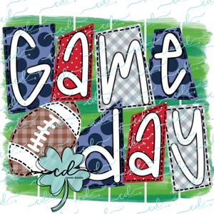 May include: A digital illustration of the words "Game Day" in a patchwork style with red, blue and white colours. A football is in the centre of the design.