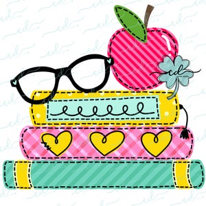 May include: A stack of three books with a red apple with a green leaf on top. The books are decorated with hearts, stripes, and polka dots. A pair of black glasses sits on top of the books.