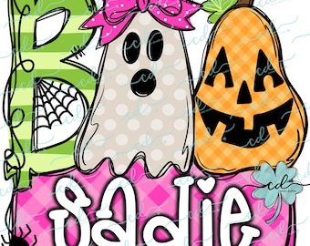 May include: A pink and white ghost with a pink bow, a green and white striped "Boo" and an orange pumpkin with a jack-o-lantern face. The text "Sadie" is written in white on a pink and white checkered background.