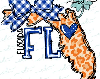 May include: A blue and white gingham bow sits on top of a Florida state outline with an orange and brown leopard print. The state outline has a blue heart with white polka dots in the center. The letters "FL" are in blue with white outlines. The word "Florida" is written vertically in white with a blue outline.