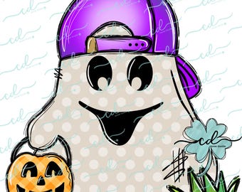 May include: A cartoon ghost wearing a purple baseball cap and holding a jack-o'-lantern. The ghost is smiling and has a white polka dot pattern. A green four-leaf clover is in the background.
