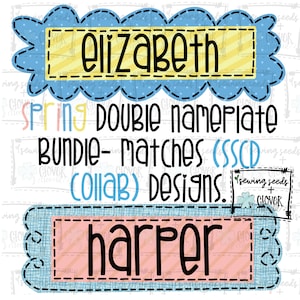 May include: A digital design for a nameplate with the names "elizabeth" and "harper" in a blue and pink color scheme. The design features a stitched border and a spring-themed background. The text "SPRING DOUBLE NAMEPLATE BUNDLE- MATCHES (SSCD COLLAB) DESIGNS." is also included.