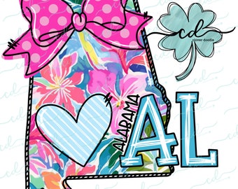 Könnte beinhalten: Ein rosa-blaues Blumenmuster des Bundesstaates Alabama mit einer großen rosa Schleife, einem blauen Herzen mit weißen Streifen und den Buchstaben AL in Blau. Ein grünes vierblättriges Kleeblatt befindet sich in der oberen rechten Ecke.