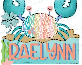Mosaic Crab With Beachy Nameplate- Girl - CD - Faux Applique PNG, Digital Download for sublimation and printables