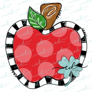 May include: A red apple with a black and white striped stem, a green leaf, and a white four-leaf clover with the text "cd clover doodle". The apple is decorated with white polka dots.