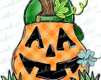 May include: A jack-o'-lantern pumpkin with a green and brown baseball cap, a green shamrock, and a toothy grin. The pumpkin is orange with a checkered pattern.