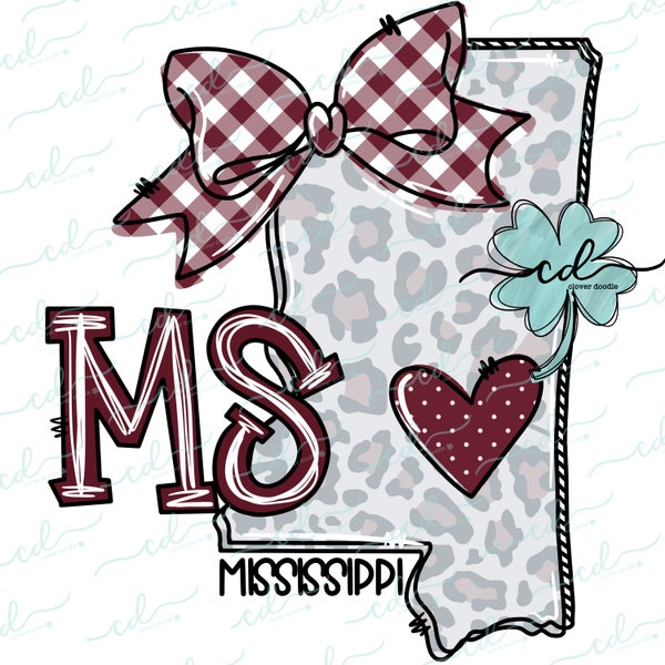 Doodle State Mississippi- Maroon- CD - PNG, Digital Download for sublimation and printables