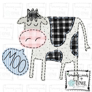 Puede incluir: Ilustración caprichosa de una vaca con un diseño de patchwork. La vaca presenta una cara ovalada rosa, parches a cuadros en blanco y negro y un bocadillo con la palabra "MOO". El diseño incluye líneas punteadas y el texto "sewing seeds + clover doodle".