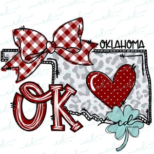 May include: A graphic design featuring the word "OKLAHOMA" with a red and white checkered bow, a red heart, and a four-leaf clover. The letters "OK" are in red with white outlines. The background has a gray leopard print.