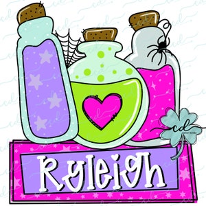 May include: Three glass potion bottles with cork tops. The bottles are filled with purple, green, and pink liquid. The green bottle has a pink heart on the front. The bottles are sitting on a purple and pink sign with the name "Ryleigh" written in white.