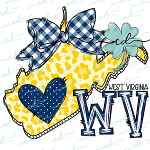 Peut inclure: Une silhouette de l'État de Virginie-Occidentale en jaune et bleu avec un nœud en vichy bleu et blanc, un cœur bleu à pois blancs et le texte "WEST VIRGINIA WV".