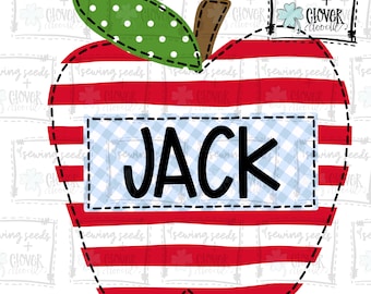 May include: Red and white striped apple with a green leaf and white polka dots. The apple has a blue and white checked label with the name "JACK" in black.
