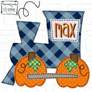 May include: A blue and white plaid train with a pumpkin on each side. The train has a chimney and a sign that says "max".