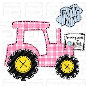 Puede incluir: Tractor rosa y blanco a cuadros vichy con ruedas negras y centros amarillos. El tractor tiene un letrero que dice "sewing seeds + clover doodle". Hay un globo de diálogo sobre el tractor que dice "Putt Putt".