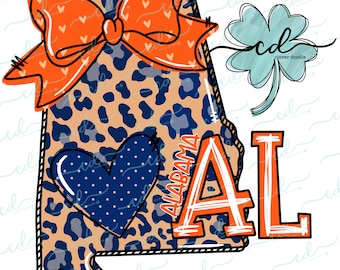 Könnte beinhalten: Eine orange-weiße Schleife mit Herzmuster, ein blaues Herz mit weißen Punkten und die Buchstaben "AL" in Orange und Weiß auf einem braunen und blauen Leopardenmuster-Umriss des Bundesstaates Alabama.