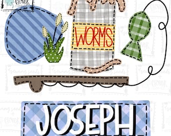 Fishing Trio With Nameplate- SS+CD - Faux Applique PNG, Digital Download for sublimation and printables