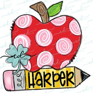May include: A red apple with white and pink swirls, a green shamrock, and a yellow pencil with the name "Harper" written on it.