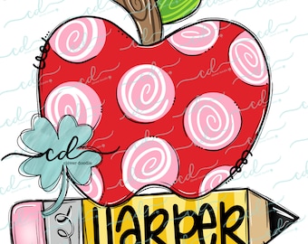 May include: A red apple with white and pink swirls, a green shamrock, and a yellow pencil with the name "Harper" written on it.