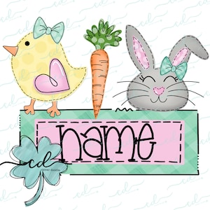 May include: A light green, pink and white checkered background with a yellow chick, a grey bunny and a carrot. The chick and bunny have bows on their heads. The text "name" is written in black on a pink and green banner.