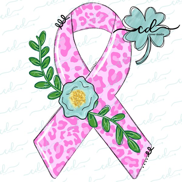 Pink Awareness Ribbon- Floral + Leopard - CD - Faux Applique PNG, Digital Download for sublimation and printables
