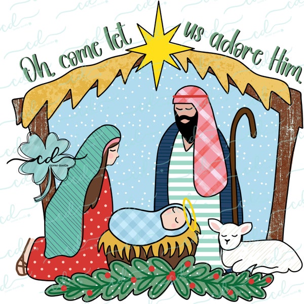 Let Us Adore Him Nativity Scene- CD - Faux Applique PNG, Digital Download for sublimation and printables