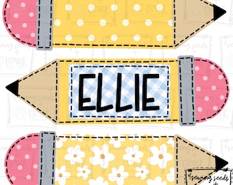 May include: Three yellow pencil-shaped tags with a pink eraser and a black tip. The top tag has a yellow and white polka dot pattern. The middle tag has a blue and white checkered pattern with the name "ELLIE" in black text. The bottom tag has a yellow and white daisy pattern.