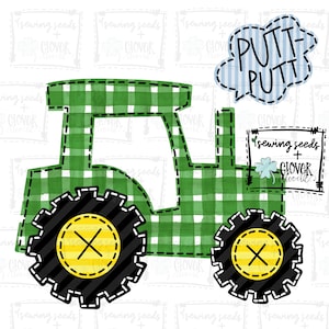 Puede incluir: Un tractor verde y blanco a cuadros vichy con ruedas negras y centros amarillos. El tractor tiene un letrero que dice "sewing seeds + clover doodle". Encima del tractor hay una nube azul y blanca a rayas con el texto "PUTT PUTT".