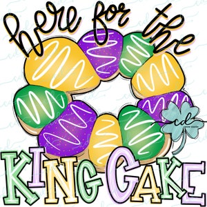 May include: A colorful illustration of a King Cake with the text "Here for the King Cake". The cake is decorated with purple, green, and gold icing and sprinkles.
