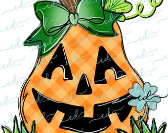May include: A cartoon pumpkin with a gingham pattern, a green bow, and a mischievous grin. The pumpkin has a green stem and leaves.