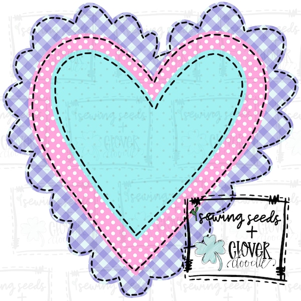 Triple Scalloped Valentine Heart- Pastels - SS+CD - Faux Applique PNG, Digital Download for sublimation and printables