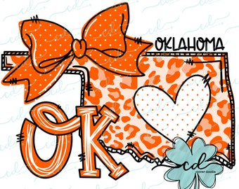 Doodle State Oklahoma - Orange + blanc - CD - Faux Applique PNG, téléchargement numérique pour sublimation et impression