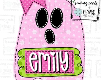May include: Pink ghost applique with a pink bow and black eyes. The ghost has a green and pink banner with the name "emily" written in white.