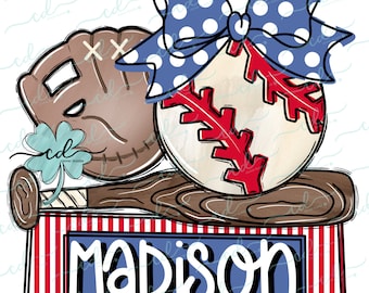 May include: A baseball, a catcher's mitt, and a wooden bat with a shamrock on top are arranged on a red and white striped surface with a blue sign that says "MADISON".