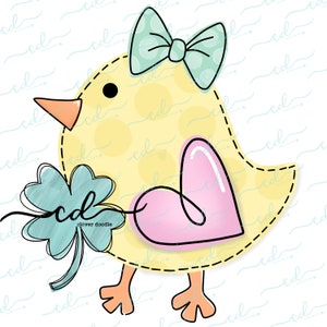 May include: A yellow chick with a light blue bow, holding a light blue four-leaf clover. The chick has a pink heart on its chest. The background is white with a light blue wavy pattern.