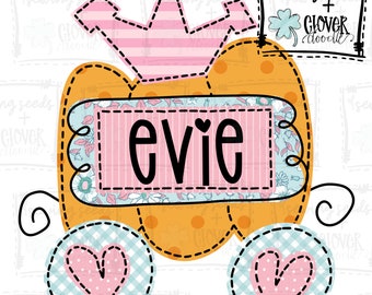 May include: A pumpkin-shaped carriage with a pink crown and wheels with pink hearts. The carriage has a pink sign with the name "evie" on it.