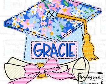 Graduation Cap And Diploma With Bow- Blue Floral - SS+CD - Faux Applique PNG, Digital Download for sublimation and printables