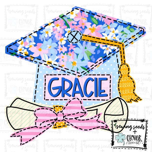 Graduation Cap And Diploma With Bow- Blue Floral - SS+CD - Faux Applique PNG, Digital Download for sublimation and printables