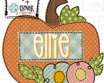 Funky Floral Pumpkin W/Nameplate SS+CD - Faux Applique PNG, Digital Download for sublimation and printables