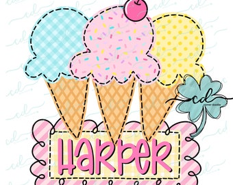 Ice Cream Trio Girl - CD - Faux Applique PNG, Digital Download for sublimation and printables