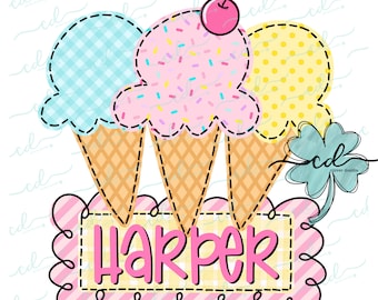 Ice Cream Trio Girl - CD - Faux Applique PNG, Digital Download for sublimation and printables