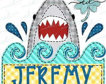 Shark Head With Wave Nameplate - CD - Faux Applique PNG, Digital Download for sublimation and printables