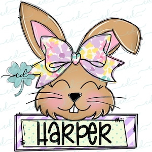 May include: A cartoon bunny with brown fur and a pink and purple floral bow. The bunny is smiling and has a name tag that says "Harper".